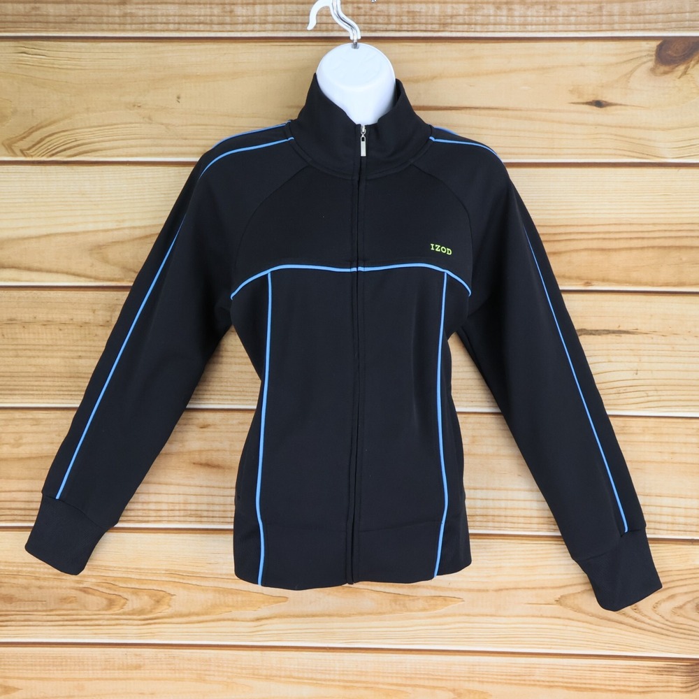 IZOD Movement Full Zip Jacket Womens M Black Blue Stripes Cotton Zipped Pockets